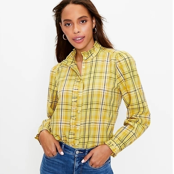 LOFT Tops - Loft Women's Yellow Plaid Long Sleeve Button Up Ruffle Shirt Size Large